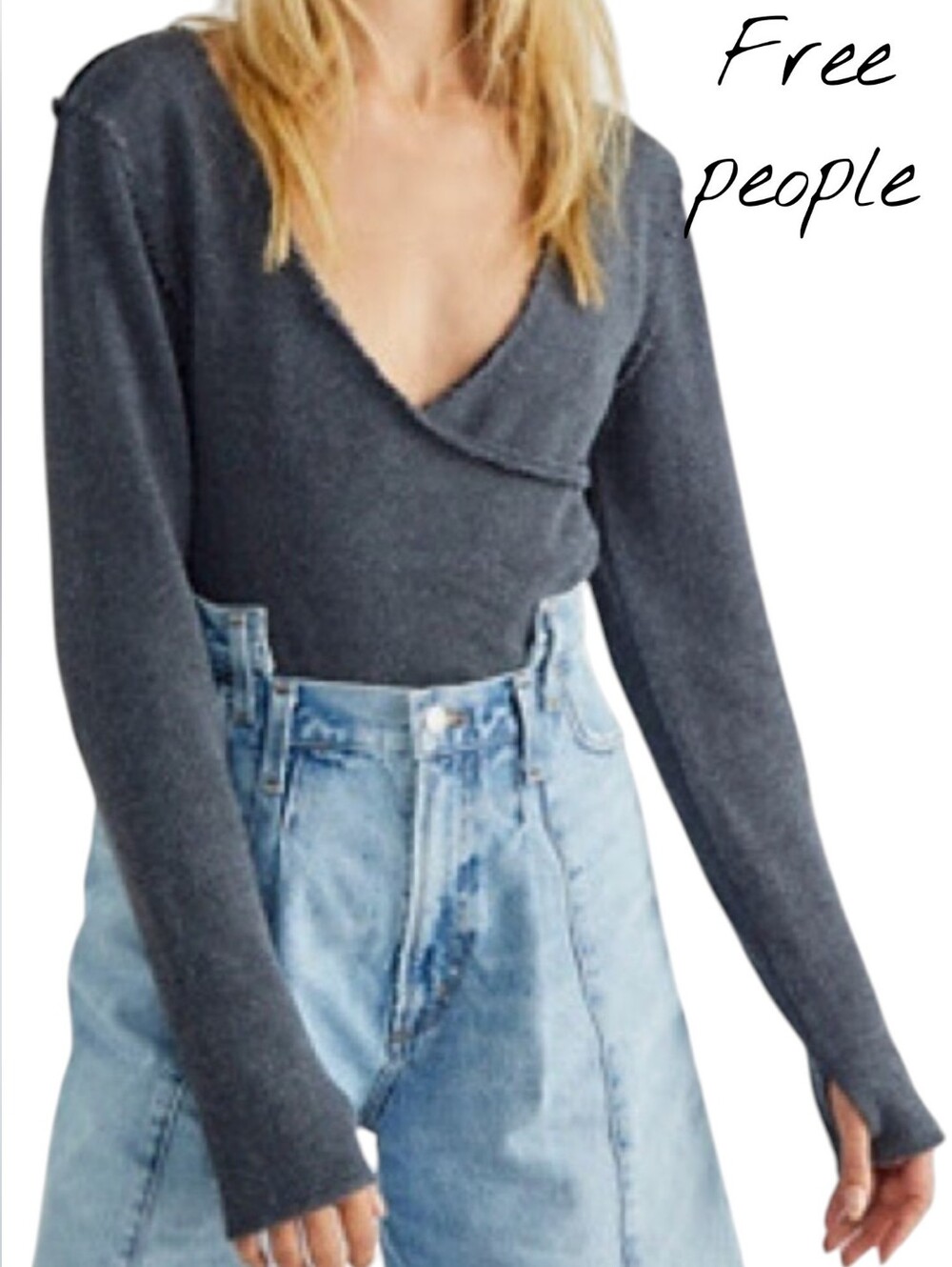 Free People Dark Grey Faux Wrap Sweater LIKE A BOSS m